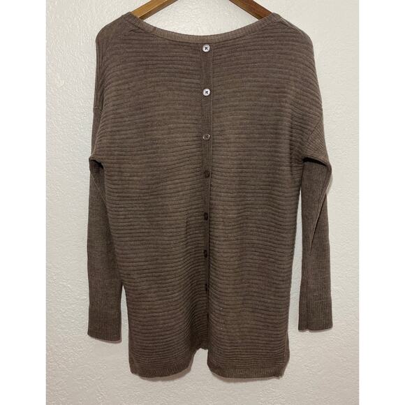 Tahari Large Brown Tunic Stripe Hi-Low Sweater Wool Blend Back Button Minimalist - Picture 4 of 7